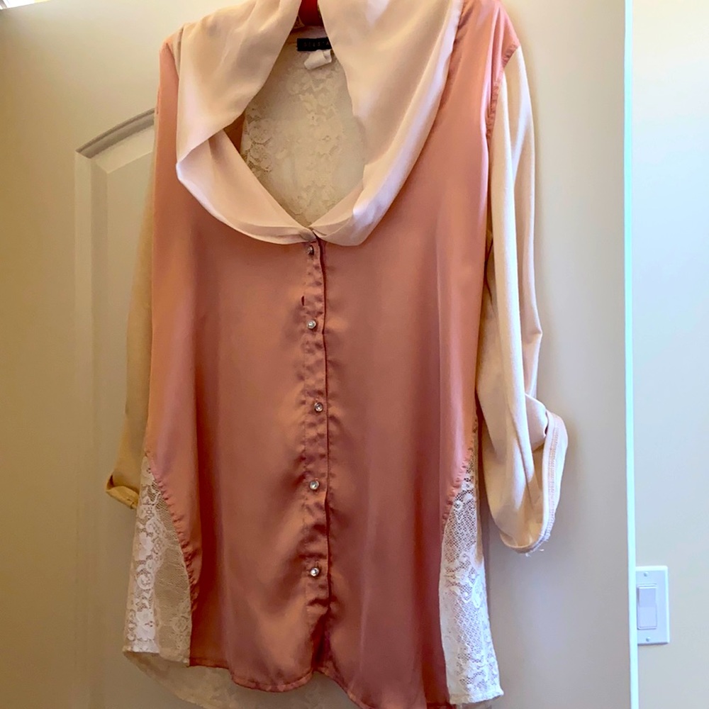 Light pink & beige lacy back button down shirt.
